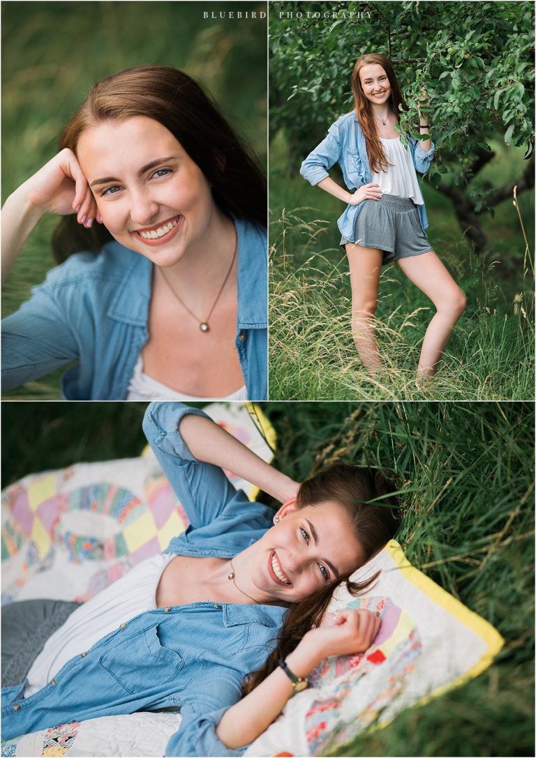 Girl poses in trees at Cooks Orchard in Fort Wayne for senior pictures
