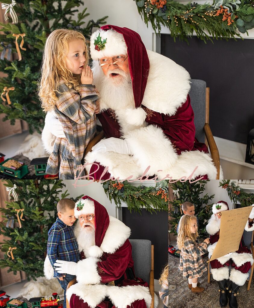 Kids whisper wishes in Santa's ear in mini session in Leo Indiana