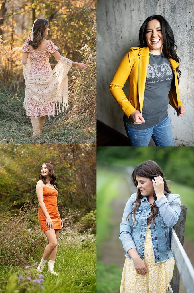 A collage of senior portraits in fort wayne, in. Two feature seniors at metea park in allen county, one features a senior in the loft industrial building on barry street fort wayne, and one is located at bluebird photography studios.