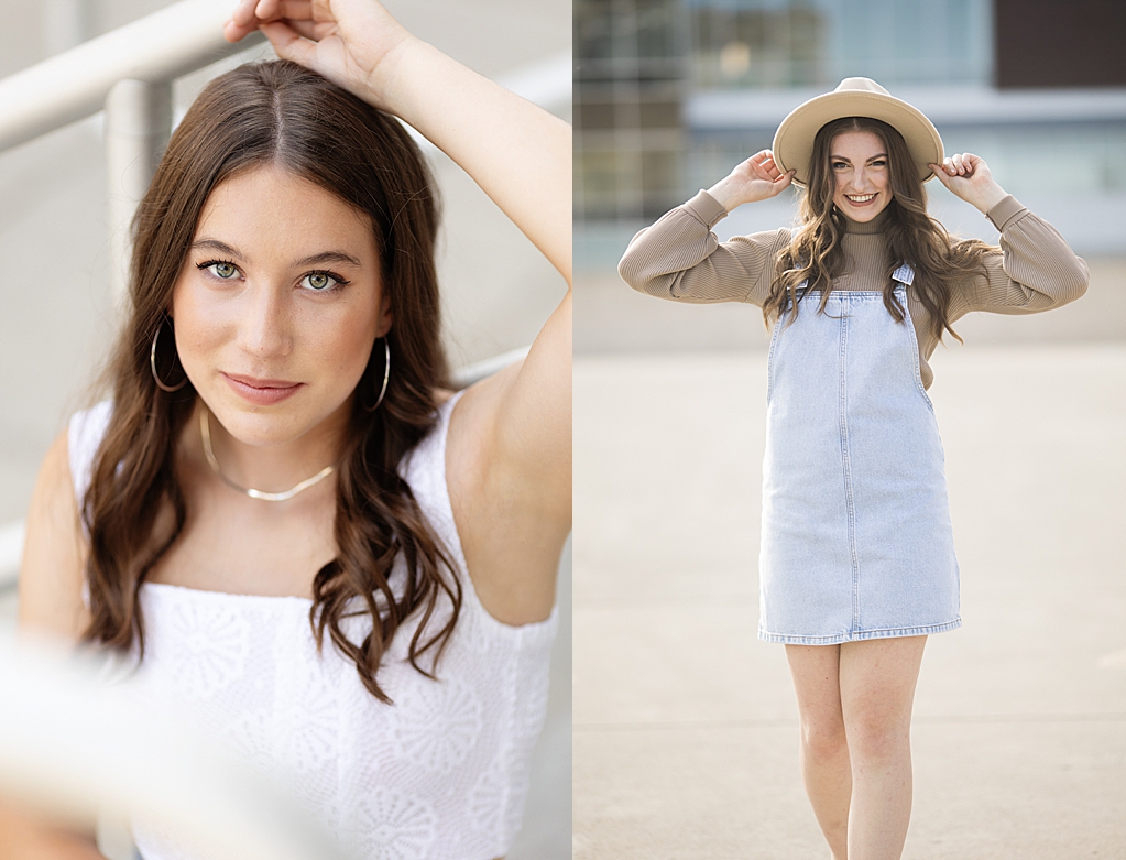 Senior portraits taken downtown Fort Wayne, IN on the parking garage rooftops and on the sidewalk of the Landing Fort Wayne.
