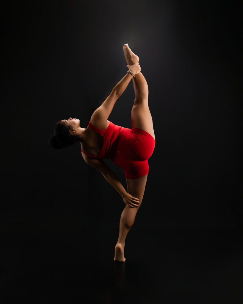 dancer doing an artistic leg extension pose in fort wayne